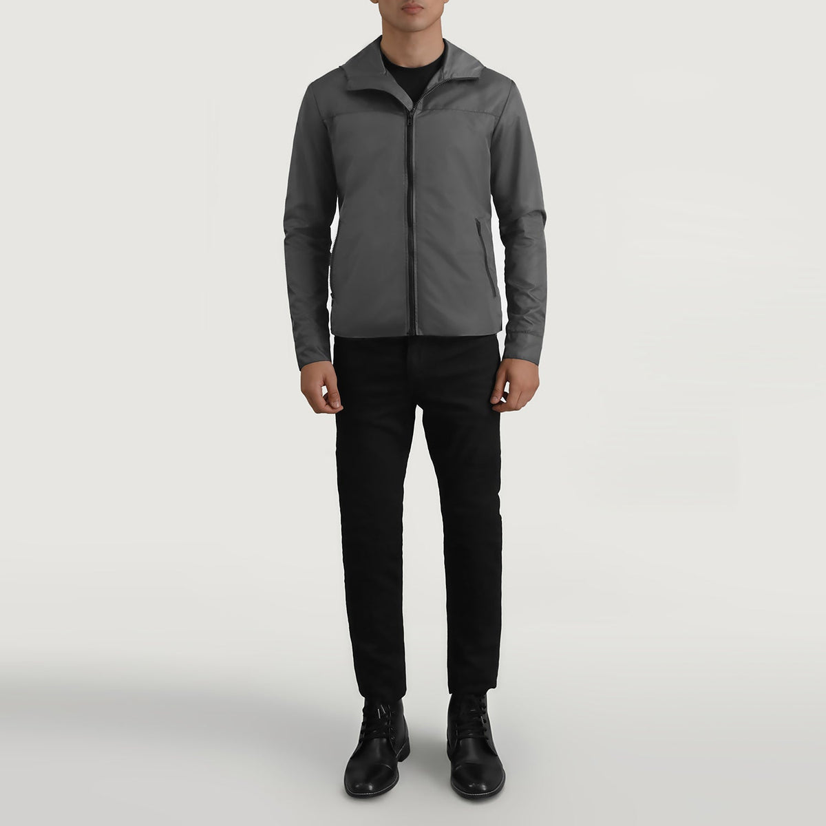 
Wesley Grey Hooded Windbreaker Δερμάτινο Μπουφάν Ανδρικό - Πλαϊνή όψη που αναδεικνύει το κόψιμο των μανικιών