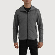 
Κοντινό πλάνο λεπτομέρειας of Classic Collar & Zipper With Inside Wind Flap. Hardware on Wesley Grey Hooded Windbreaker Δερμάτινο Μπουφάν Ανδρικό