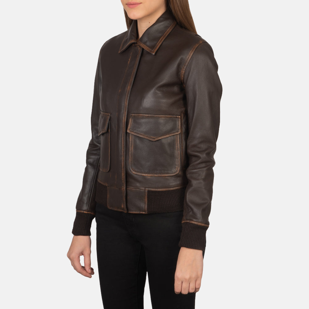 Styled Fit Perspective of Women's Westa A-2 Black Leather Bomber Jacket on Model - Natural Daylight Drape