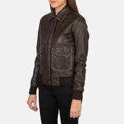 Styled Fit Perspective of Women's Westa A-2 Black Leather Bomber Jacket on Model - Natural Daylight Drape