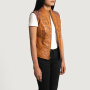 
Tan Brown Sheepskin Dip &Amp; Dye Leather Vest - Πίσω όψη με εφαρμογή στους ώμους & καθαρό στρίφωμα