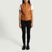 
Κοντινό πλάνο λεπτομέρειας of Classic Collar & Zipper Hardware on Westina Ταμπά Dye Δερμάτινο Γιλέκο Γυναικείο