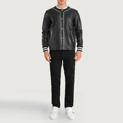 Willis Black Leather Varsity Jacket - Lateral Side Profile View Showing Sleeve Cut &amp; Athletic Taper Fit