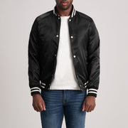 Xander Black Varsity Jacket - Lateral Side Profile View Showing Sleeve Cut &amp; Athletic Taper Fit