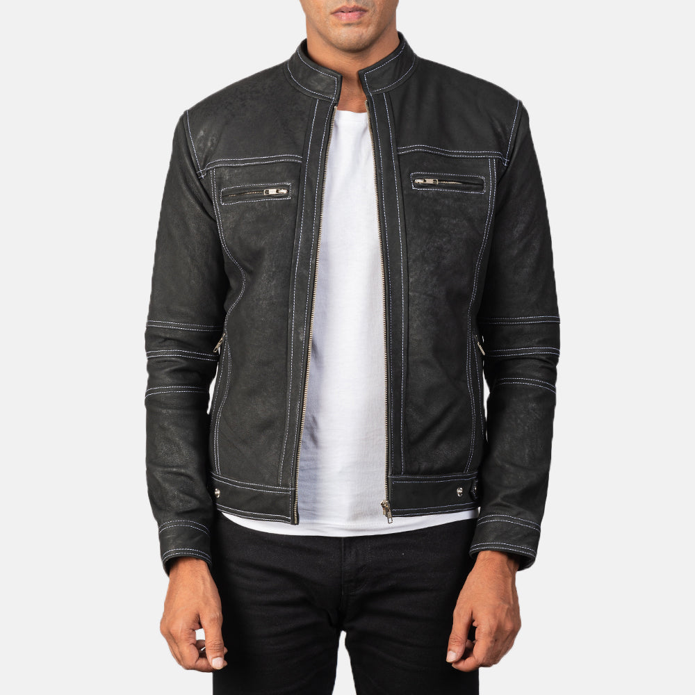 Button &amp; Hem Craftsmanship Construction Detail on Youngster Distressed Black Leather Jacket