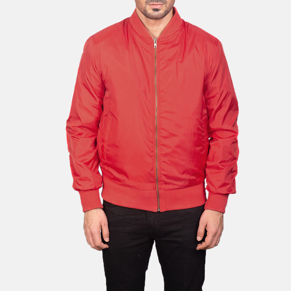 Close-Up Detail of Varsity &amp; Zipper Hardware on Men's Zack Red Bomber Jacket