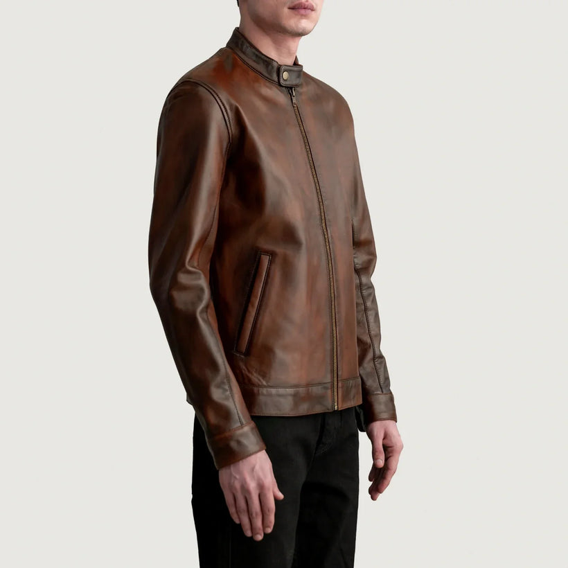 Zen Distressed Καφέ Δερμάτινο Μπουφάν Biker Ανδρικό