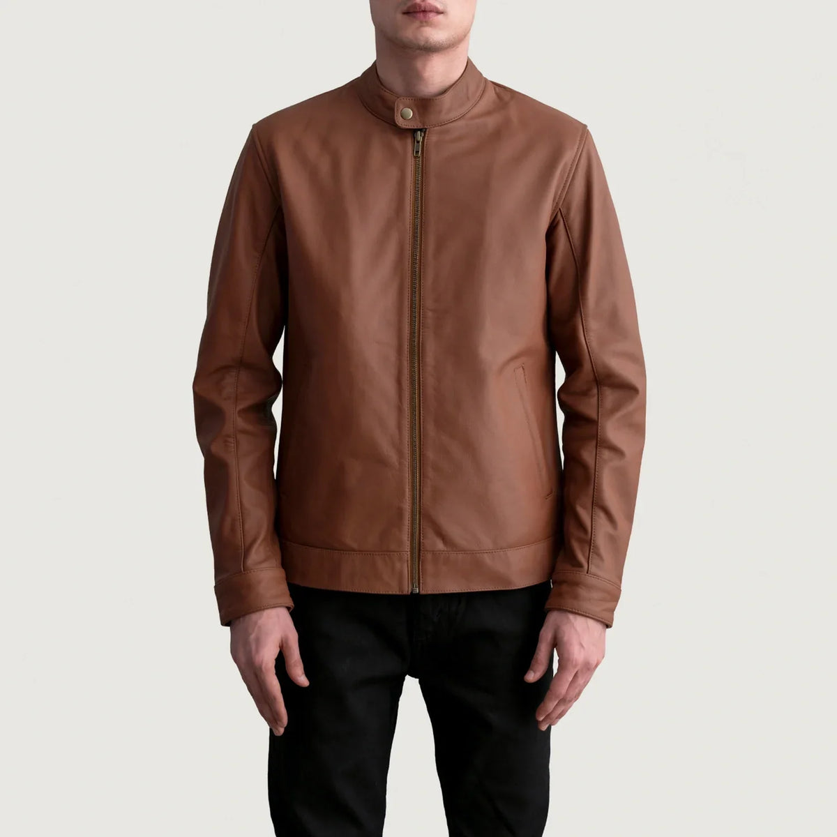 Zen Matte Brown Leather Biker Jacket - Lateral Side Profile View Showing Sleeve Cut &amp; Athletic Taper Fit