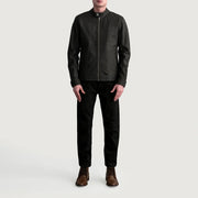 Close-Up Detail of Snap Button &amp; Zipper Hardware on Zen Tumbled Brown Leather Biker Jacket