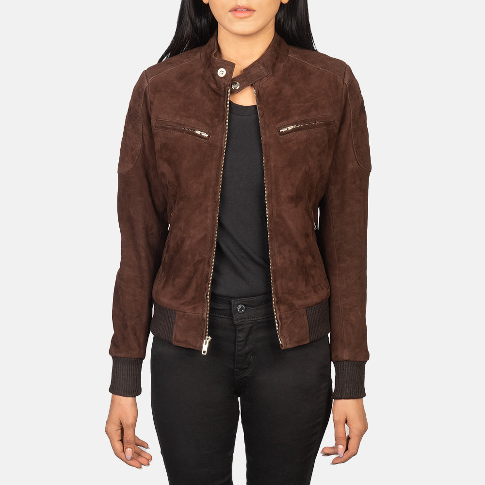 
Zenna Mocha Suede Bomber Jacket in Brown Goat Suede - Μπροστινή όψη & εφαρμοστή σιλουέτα | Αγορά online