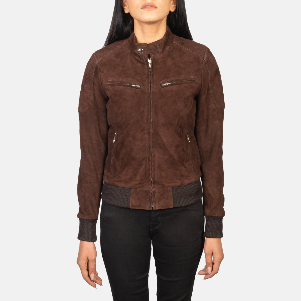 
Κοντινό πλάνο λεπτομέρειας of Band with Snap Button & Zipper Hardware on Zenna Mocha Suede Bomber Jacket