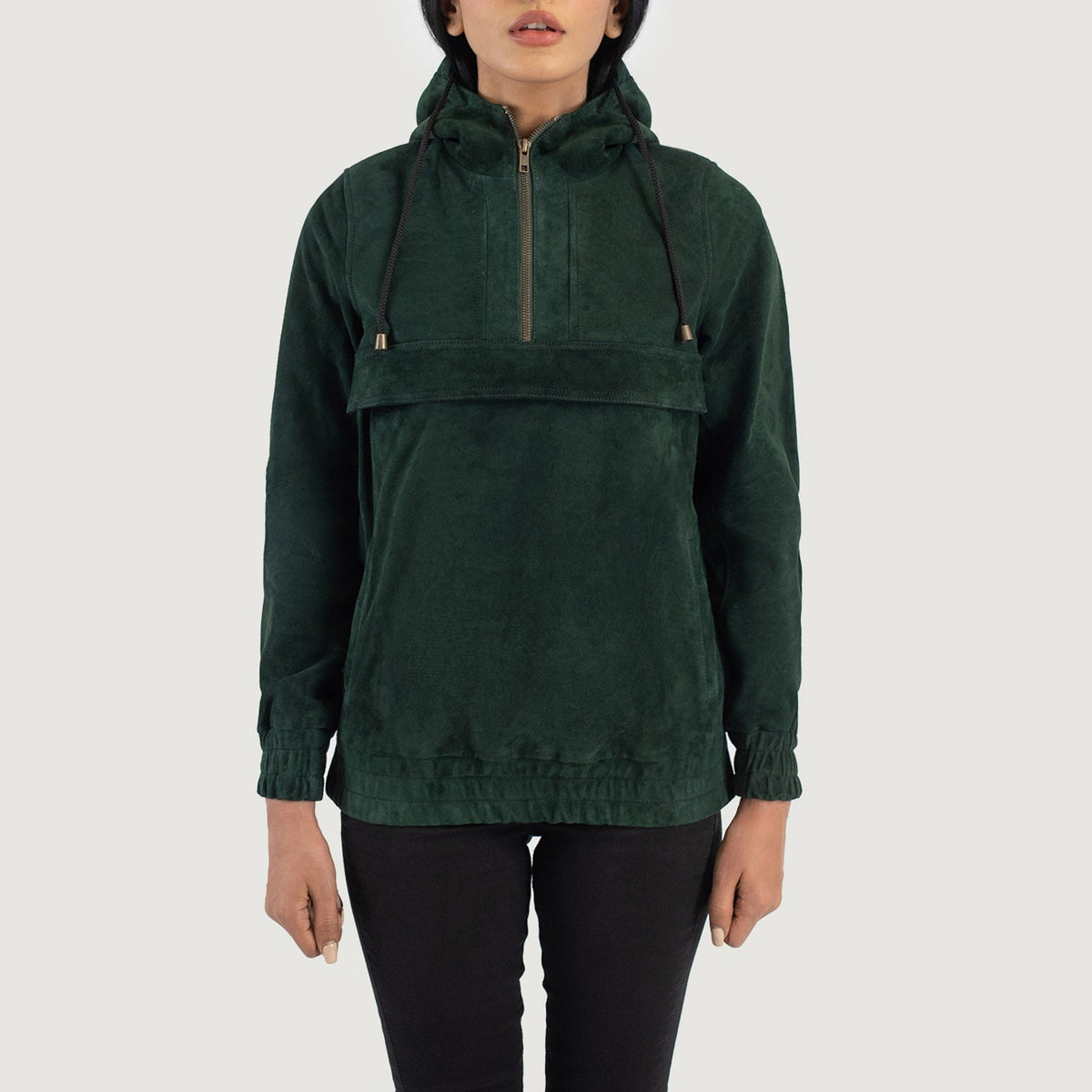 Tailored Rib Cuffs &amp; Hem Craftsmanship Construction Detail on Zest Blue Hooded Suede Pullover Jacket