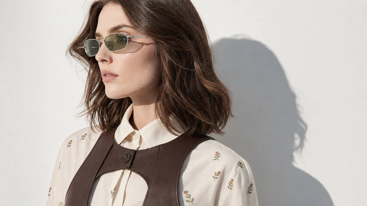 Woman wearing Orlaven leather outerwear and sunglasses